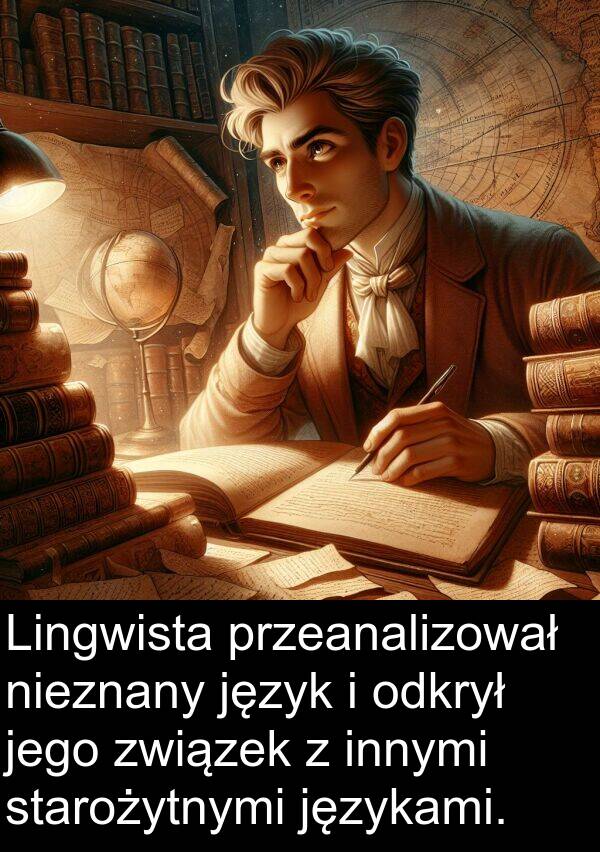 przeanalizował: Lingwista przeanalizował nieznany język i odkrył jego związek z innymi starożytnymi językami.