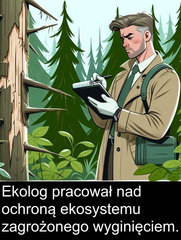 zagrożonego: Ekolog pracował nad ochroną ekosystemu zagrożonego wyginięciem.