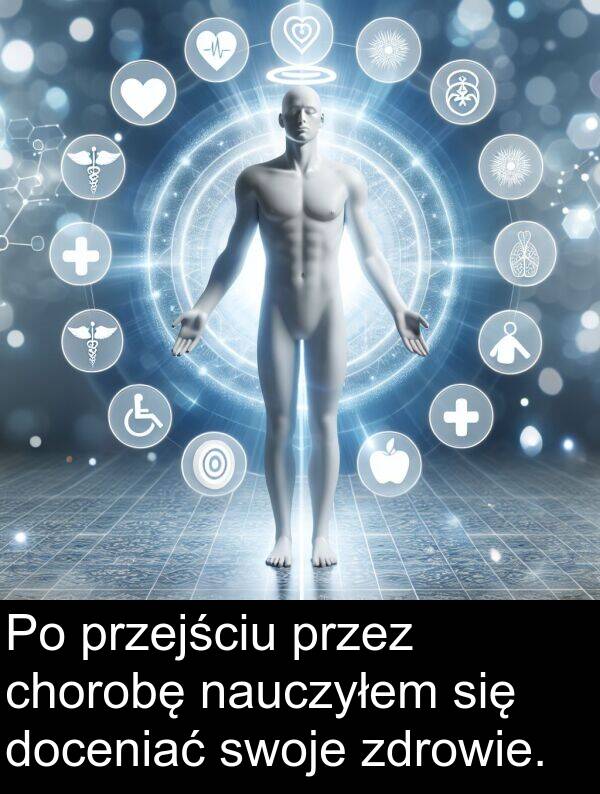 doceniać: Po przejściu przez chorobę nauczyłem się doceniać swoje zdrowie.
