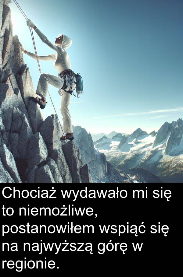 wspiąć: Chociaż wydawało mi się to niemożliwe, postanowiłem wspiąć się na najwyższą górę w regionie.