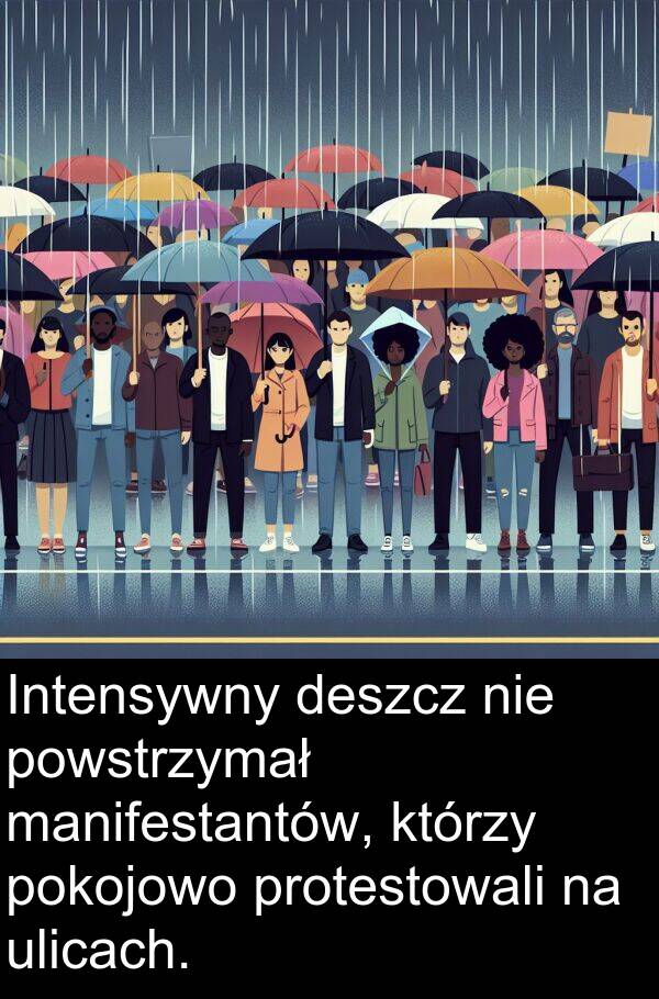 powstrzymał: Intensywny deszcz nie powstrzymał manifestantów, którzy pokojowo protestowali na ulicach.