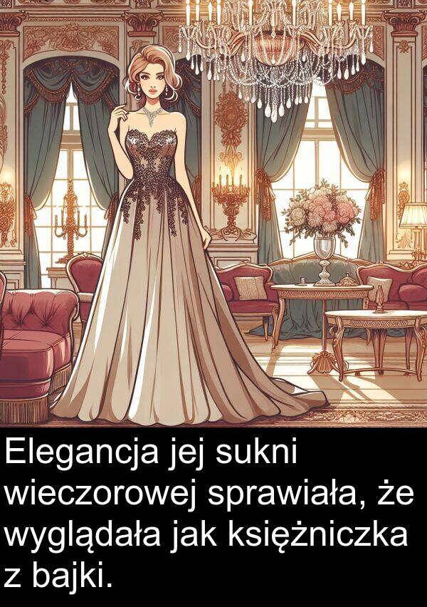 wyglądała: Elegancja jej sukni wieczorowej sprawiała, że wyglądała jak księżniczka z bajki.