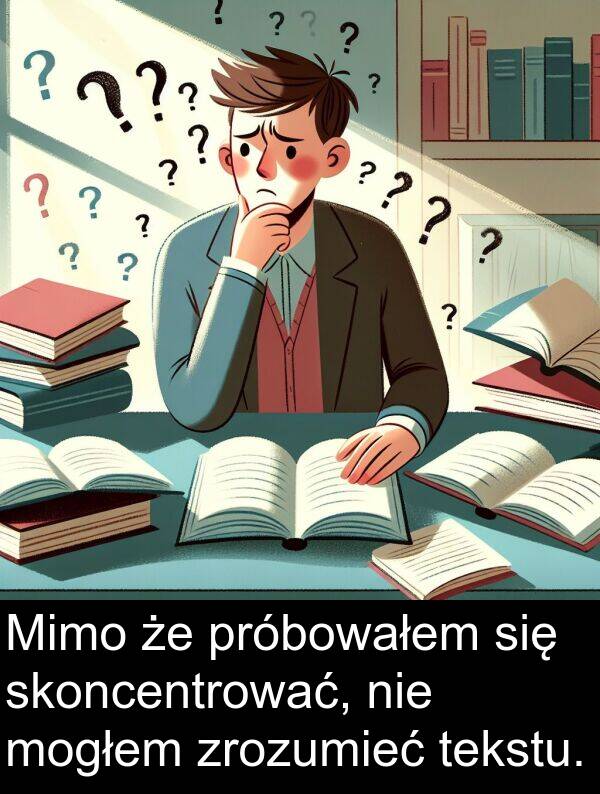 próbowałem: Mimo że próbowałem się skoncentrować, nie mogłem zrozumieć tekstu.