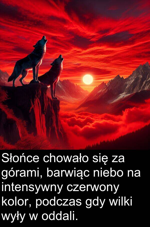 barwiąc: Słońce chowało się za górami, barwiąc niebo na intensywny czerwony kolor, podczas gdy wilki wyły w oddali.