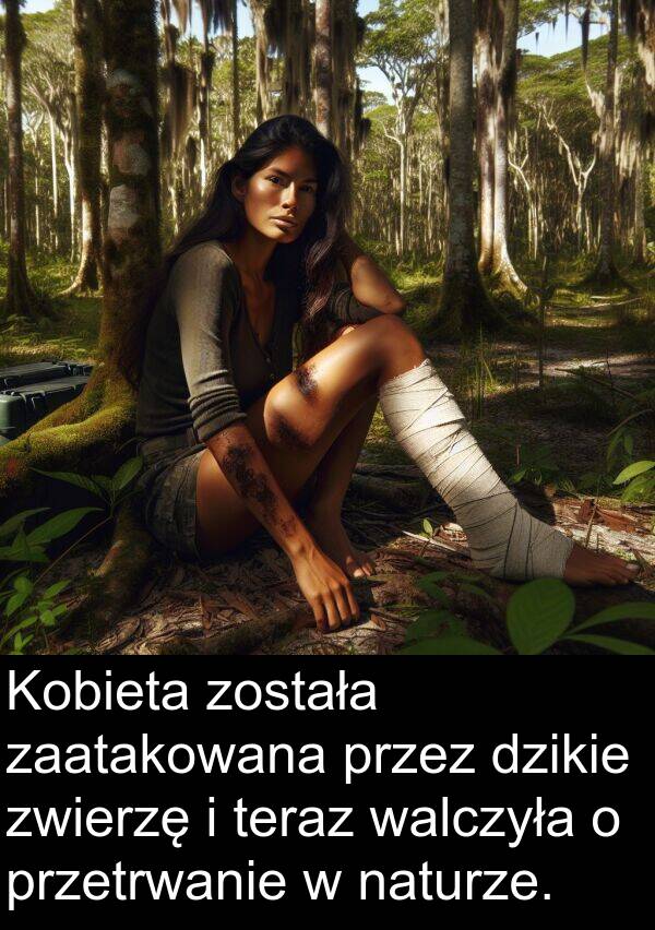 została: Kobieta została zaatakowana przez dzikie zwierzę i teraz walczyła o przetrwanie w naturze.