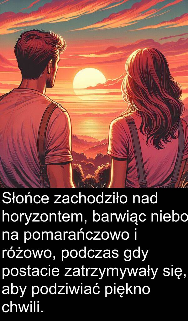 piękno: Słońce zachodziło nad horyzontem, barwiąc niebo na pomarańczowo i różowo, podczas gdy postacie zatrzymywały się, aby podziwiać piękno chwili.