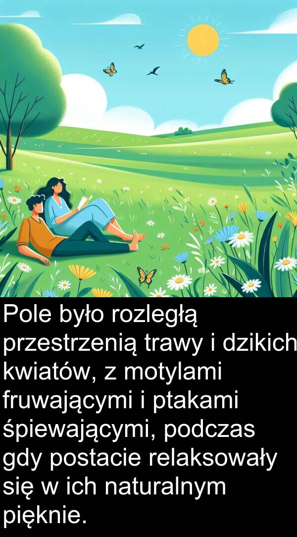 pięknie: Pole było rozległą przestrzenią trawy i dzikich kwiatów, z motylami fruwającymi i ptakami śpiewającymi, podczas gdy postacie relaksowały się w ich naturalnym pięknie.