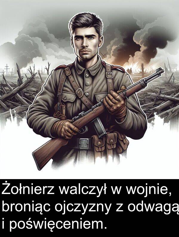walczył: Żołnierz walczył w wojnie, broniąc ojczyzny z odwagą i poświęceniem.