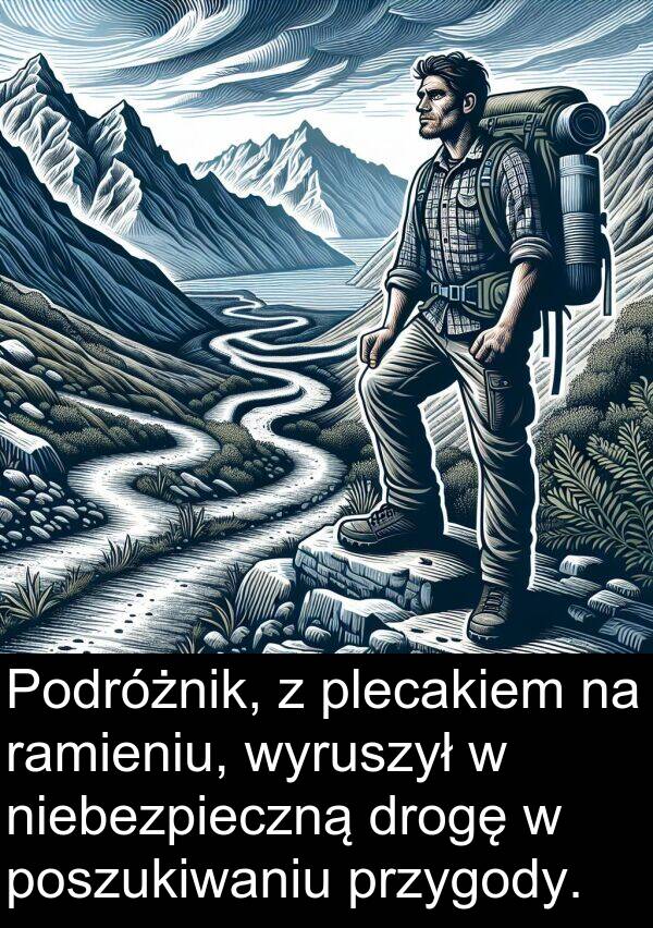 przygody: Podróżnik, z plecakiem na ramieniu, wyruszył w niebezpieczną drogę w poszukiwaniu przygody.