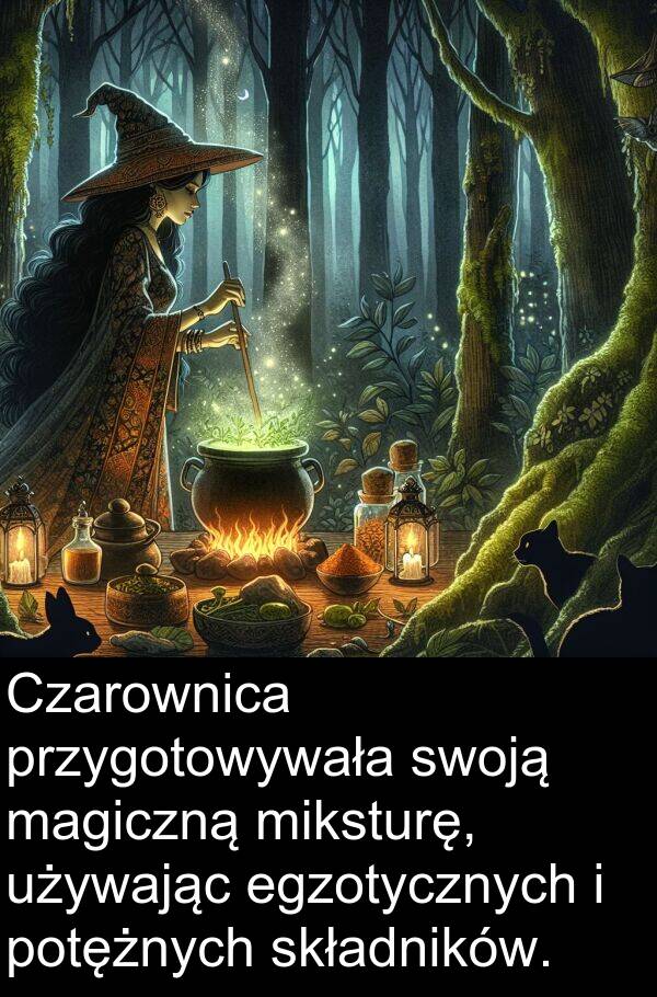 przygotowywała: Czarownica przygotowywała swoją magiczną miksturę, używając egzotycznych i potężnych składników.