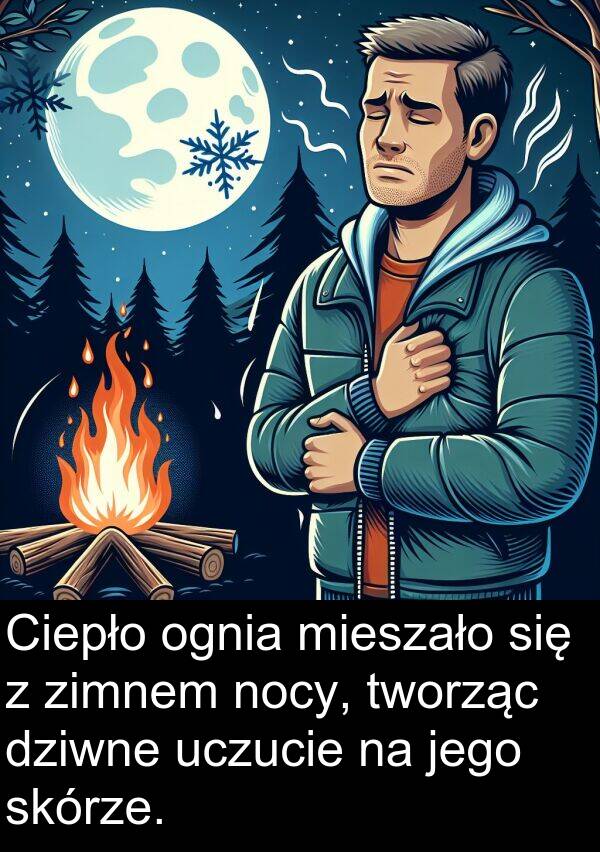 zimnem: Ciepło ognia mieszało się z zimnem nocy, tworząc dziwne uczucie na jego skórze.