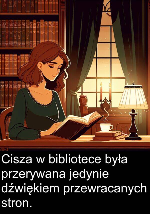 przerywana: Cisza w bibliotece była przerywana jedynie dźwiękiem przewracanych stron.