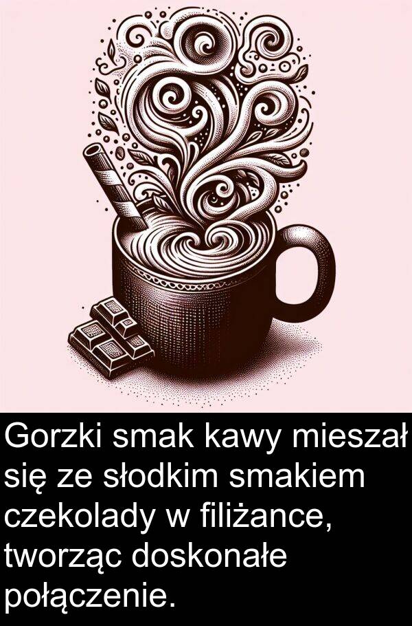 połączenie: Gorzki smak kawy mieszał się ze słodkim smakiem czekolady w filiżance, tworząc doskonałe połączenie.