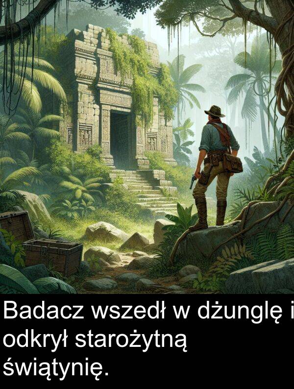 wszedł: Badacz wszedł w dżunglę i odkrył starożytną świątynię.