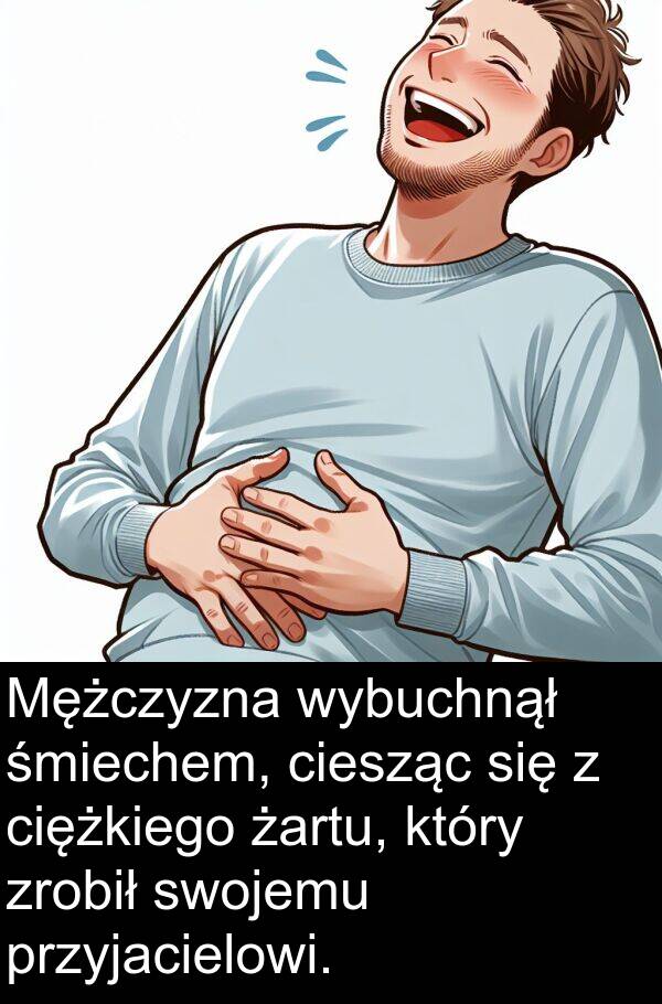 przyjacielowi: Mężczyzna wybuchnął śmiechem, ciesząc się z ciężkiego żartu, który zrobił swojemu przyjacielowi.