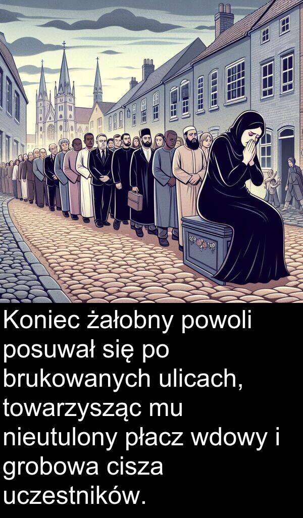 płacz: Koniec żałobny powoli posuwał się po brukowanych ulicach, towarzysząc mu nieutulony płacz wdowy i grobowa cisza uczestników.