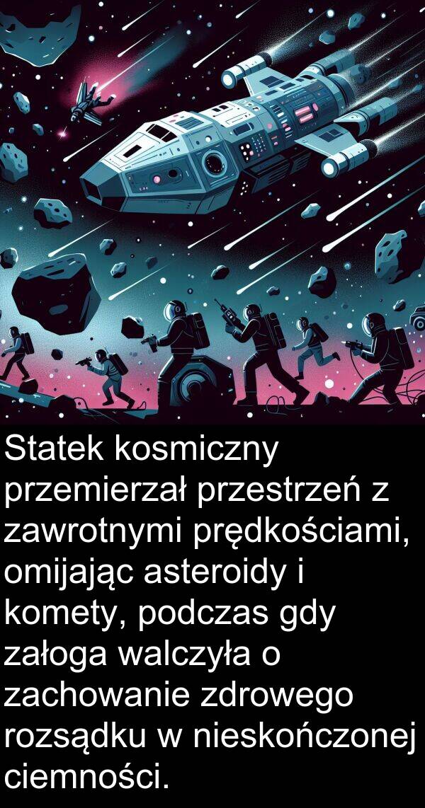 prędkościami: Statek kosmiczny przemierzał przestrzeń z zawrotnymi prędkościami, omijając asteroidy i komety, podczas gdy załoga walczyła o zachowanie zdrowego rozsądku w nieskończonej ciemności.