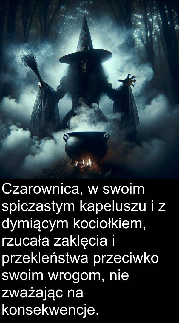 przekleństwa: Czarownica, w swoim spiczastym kapeluszu i z dymiącym kociołkiem, rzucała zaklęcia i przekleństwa przeciwko swoim wrogom, nie zważając na konsekwencje.