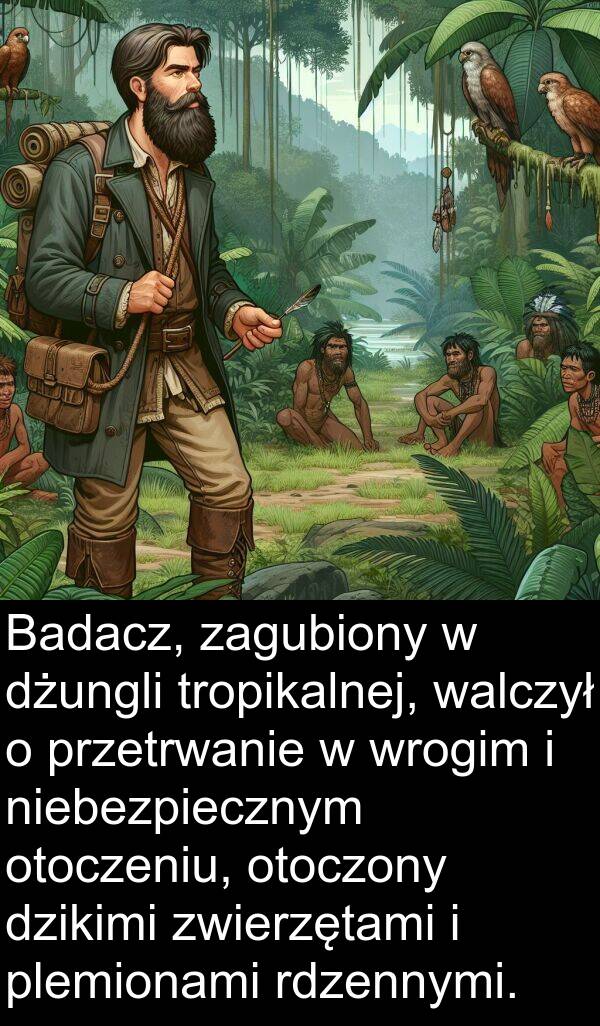 zwierzętami: Badacz, zagubiony w dżungli tropikalnej, walczył o przetrwanie w wrogim i niebezpiecznym otoczeniu, otoczony dzikimi zwierzętami i plemionami rdzennymi.