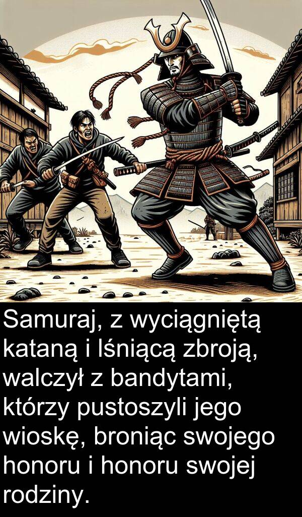 pustoszyli: Samuraj, z wyciągniętą kataną i lśniącą zbroją, walczył z bandytami, którzy pustoszyli jego wioskę, broniąc swojego honoru i honoru swojej rodziny.