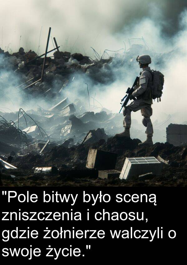 zniszczenia: "Pole bitwy było sceną zniszczenia i chaosu, gdzie żołnierze walczyli o swoje życie."