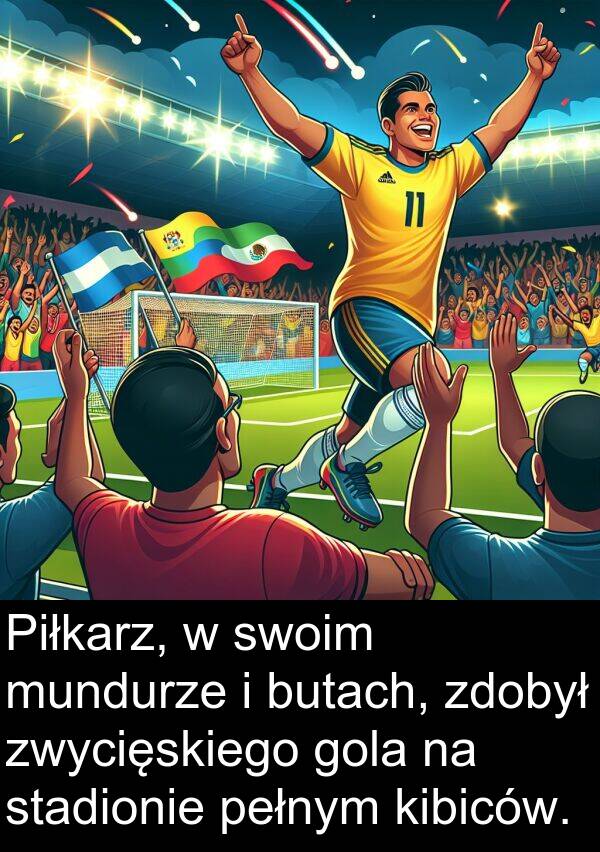 zdobył: Piłkarz, w swoim mundurze i butach, zdobył zwycięskiego gola na stadionie pełnym kibiców.