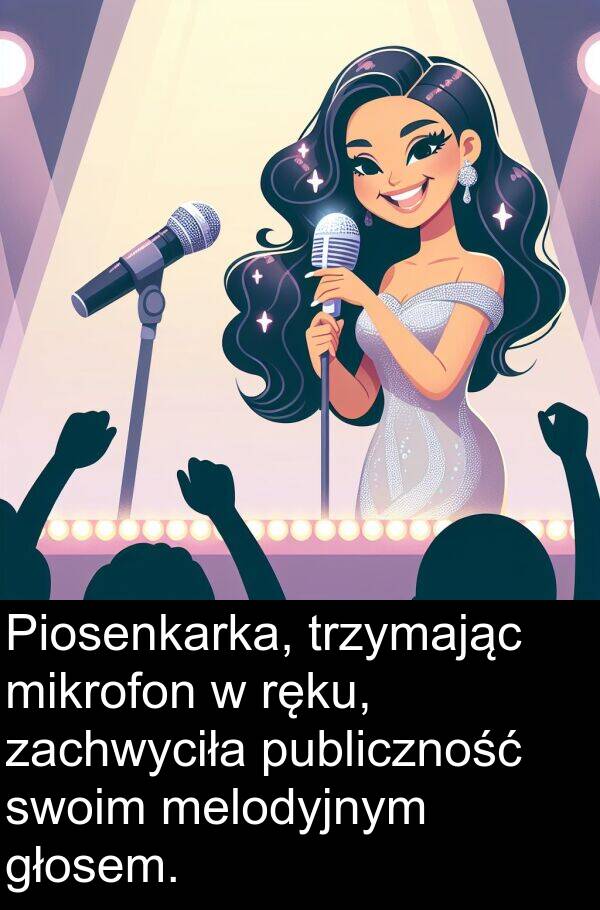 publiczność: Piosenkarka, trzymając mikrofon w ręku, zachwyciła publiczność swoim melodyjnym głosem.