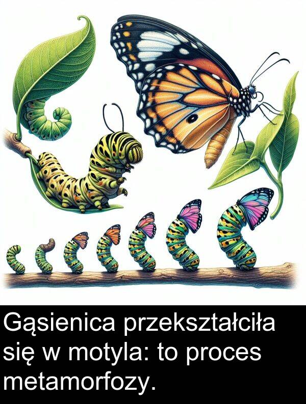 przekształciła: Gąsienica przekształciła się w motyla: to proces metamorfozy.