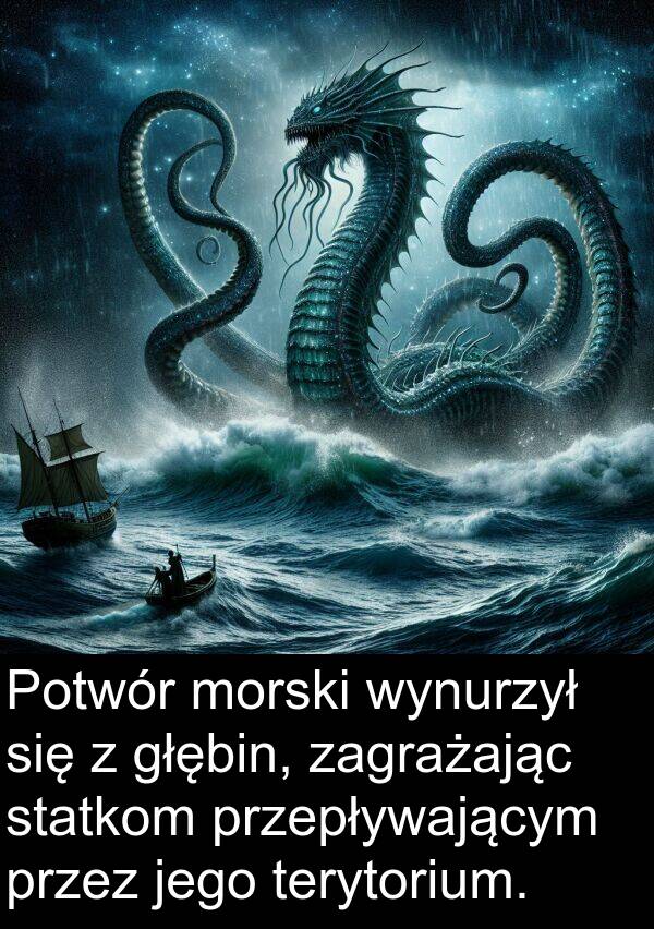 przepływającym: Potwór morski wynurzył się z głębin, zagrażając statkom przepływającym przez jego terytorium.