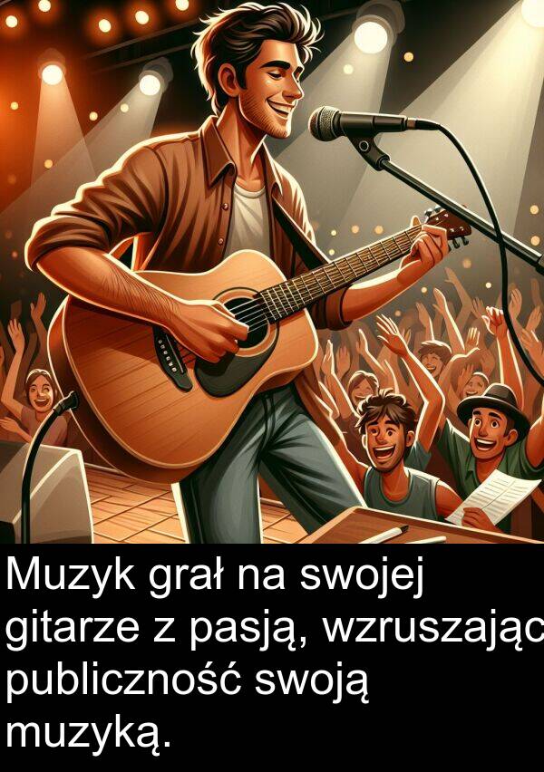 publiczność: Muzyk grał na swojej gitarze z pasją, wzruszając publiczność swoją muzyką.