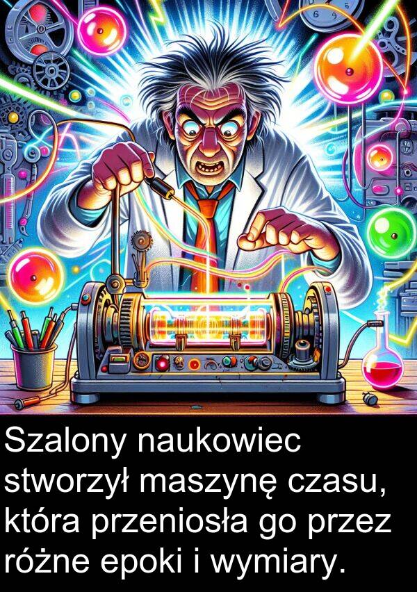 przeniosła: Szalony naukowiec stworzył maszynę czasu, która przeniosła go przez różne epoki i wymiary.