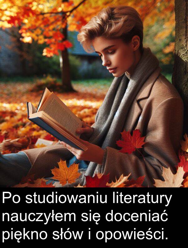 doceniać: Po studiowaniu literatury nauczyłem się doceniać piękno słów i opowieści.