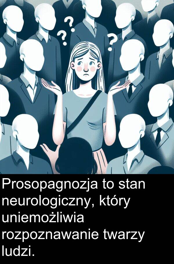 uniemożliwia: Prosopagnozja to stan neurologiczny, który uniemożliwia rozpoznawanie twarzy ludzi.