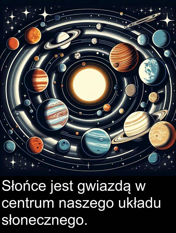 centrum: Słońce jest gwiazdą w centrum naszego układu słonecznego.