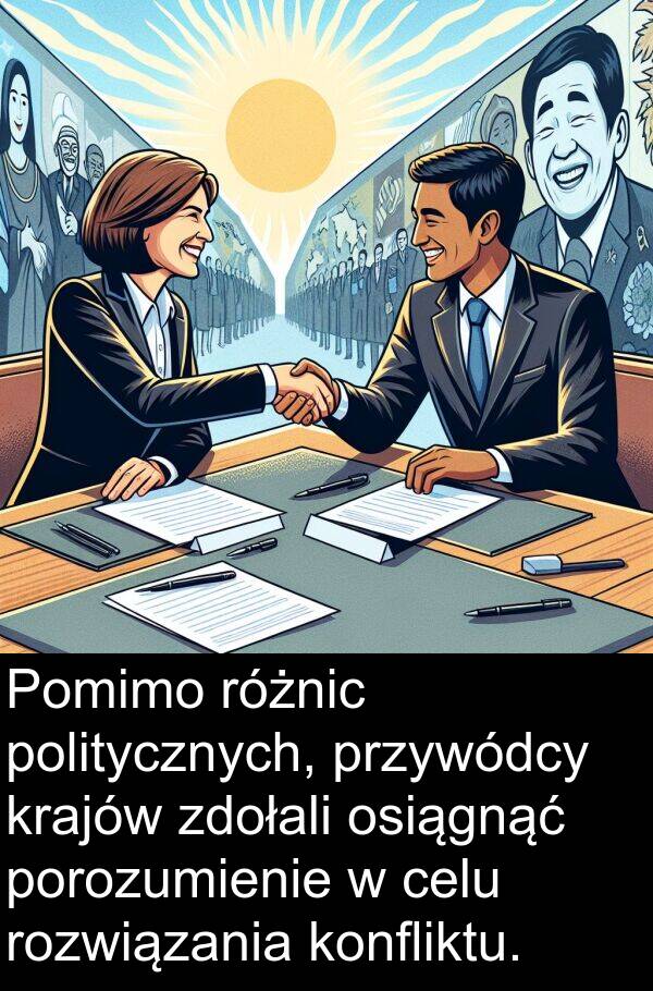 przywódcy: Pomimo różnic politycznych, przywódcy krajów zdołali osiągnąć porozumienie w celu rozwiązania konfliktu.
