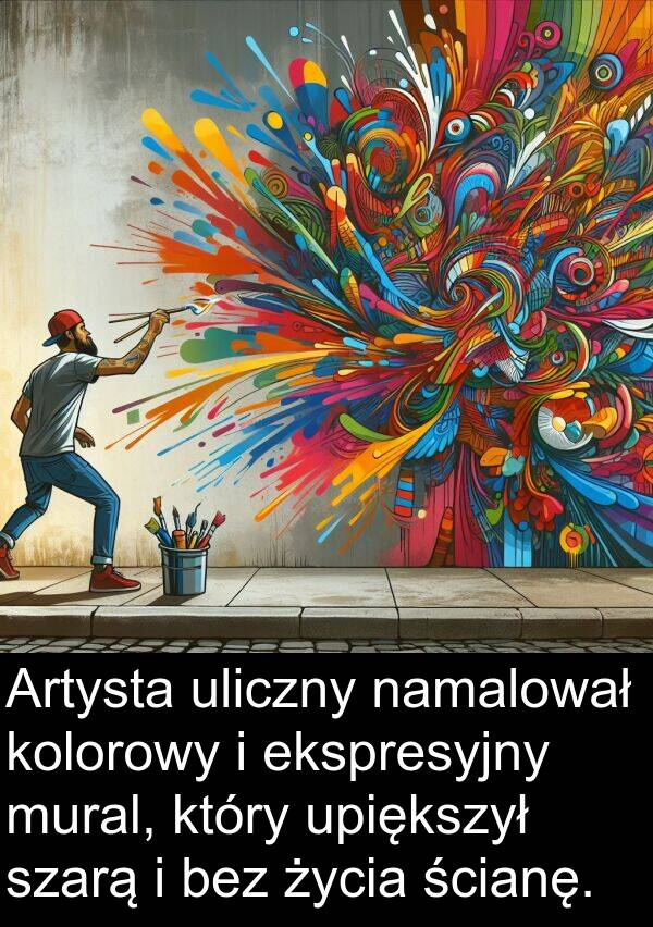 ekspresyjny: Artysta uliczny namalował kolorowy i ekspresyjny mural, który upiększył szarą i bez życia ścianę.