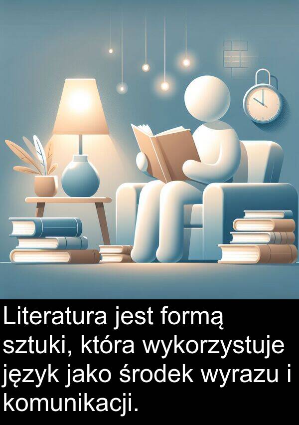 środek: Literatura jest formą sztuki, która wykorzystuje język jako środek wyrazu i komunikacji.