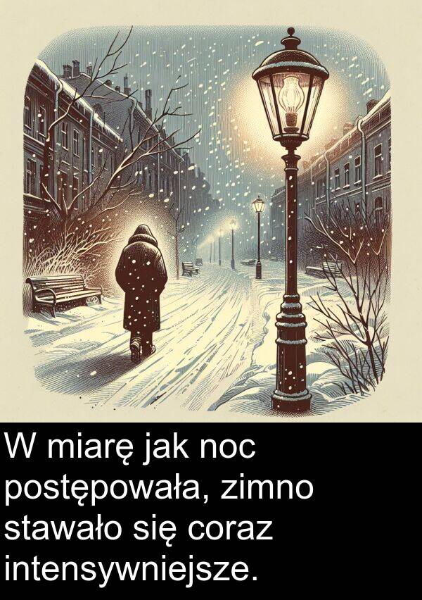 zimno: W miarę jak noc postępowała, zimno stawało się coraz intensywniejsze.