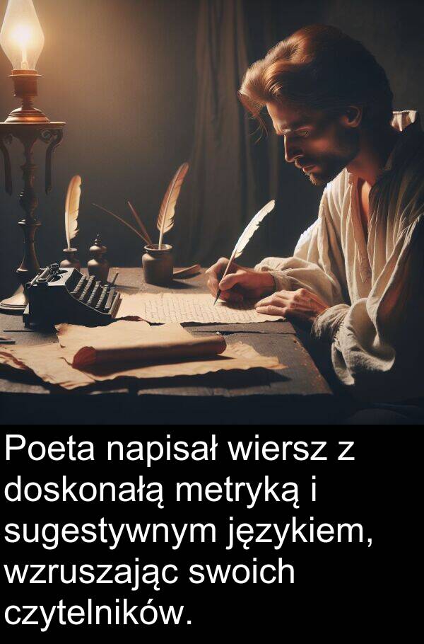 doskonałą: Poeta napisał wiersz z doskonałą metryką i sugestywnym językiem, wzruszając swoich czytelników.