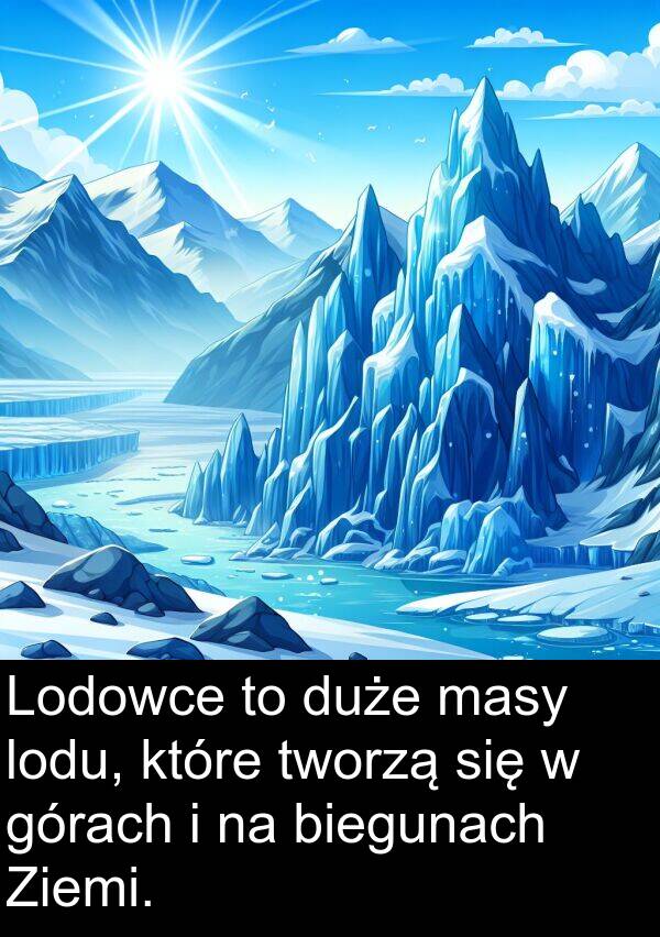 biegunach: Lodowce to duże masy lodu, które tworzą się w górach i na biegunach Ziemi.