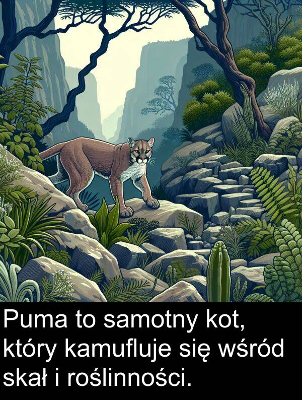 samotny: Puma to samotny kot, który kamufluje się wśród skał i roślinności.