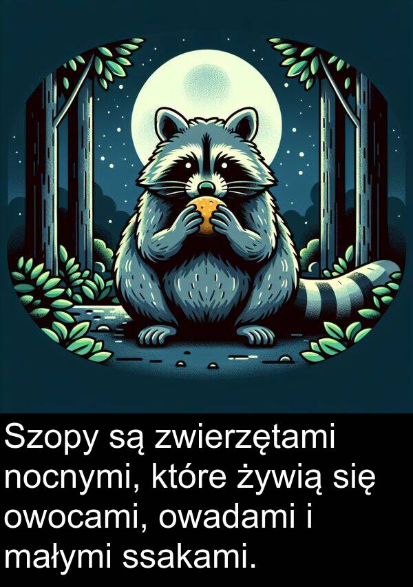zwierzętami: Szopy są zwierzętami nocnymi, które żywią się owocami, owadami i małymi ssakami.