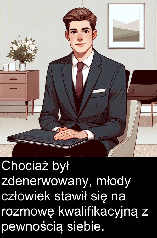 zdenerwowany: Chociaż był zdenerwowany, młody człowiek stawił się na rozmowę kwalifikacyjną z pewnością siebie.