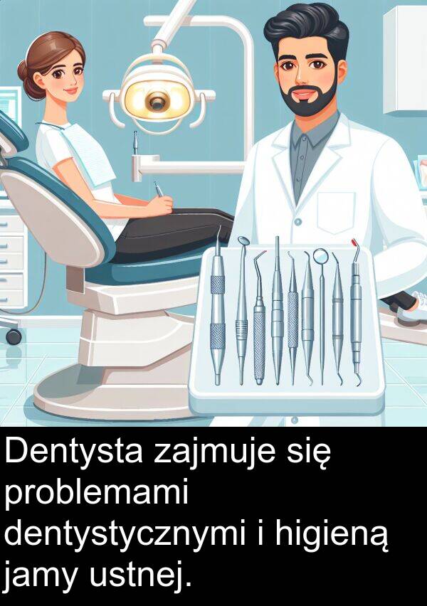 problemami: Dentysta zajmuje się problemami dentystycznymi i higieną jamy ustnej.