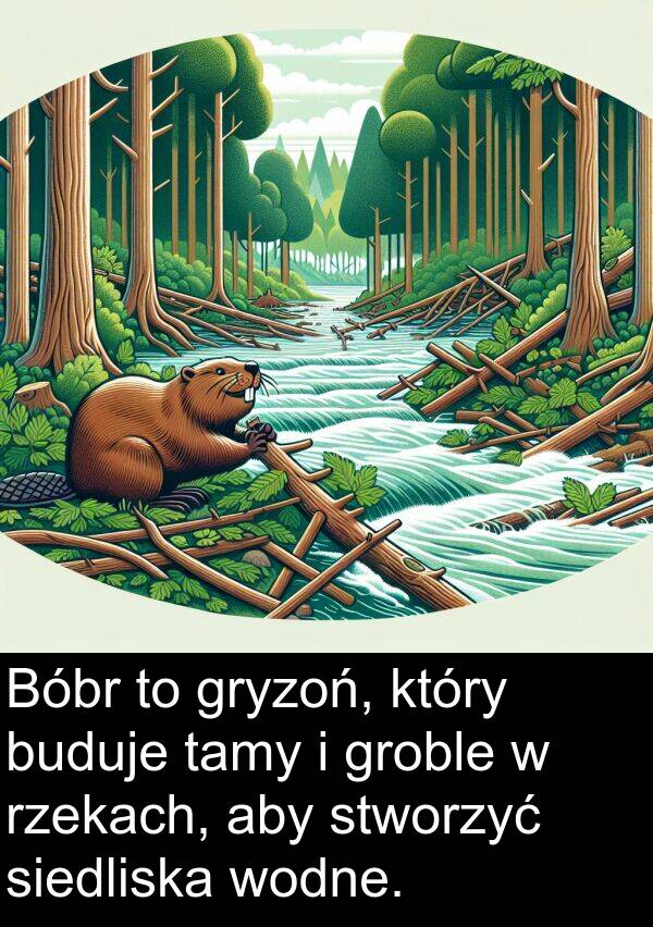 tamy: Bóbr to gryzoń, który buduje tamy i groble w rzekach, aby stworzyć siedliska wodne.