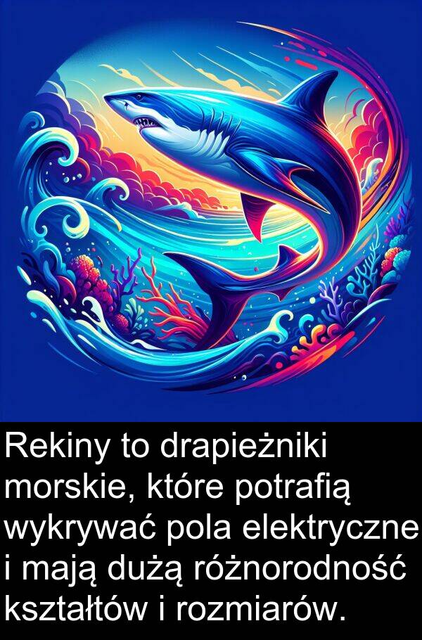 mają: Rekiny to drapieżniki morskie, które potrafią wykrywać pola elektryczne i mają dużą różnorodność kształtów i rozmiarów.