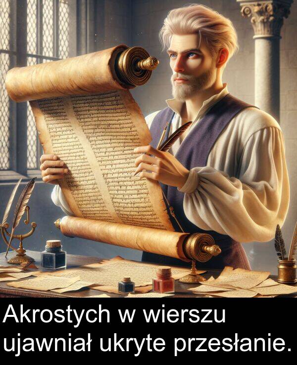 wierszu: Akrostych w wierszu ujawniał ukryte przesłanie.
