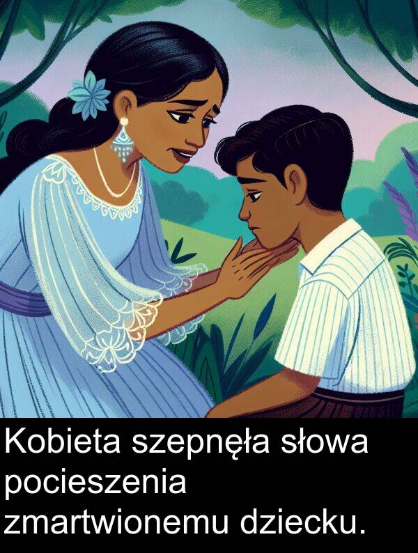 zmartwionemu: Kobieta szepnęła słowa pocieszenia zmartwionemu dziecku.