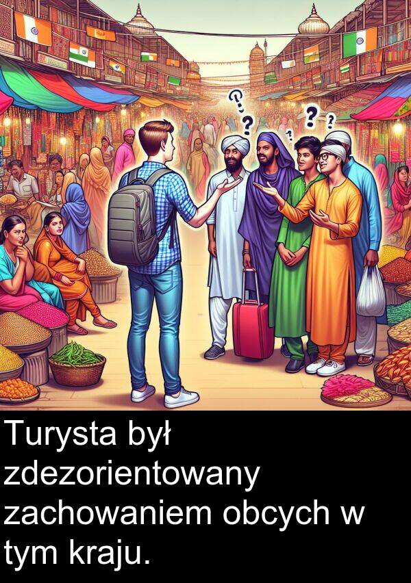 zdezorientowany: Turysta był zdezorientowany zachowaniem obcych w tym kraju.