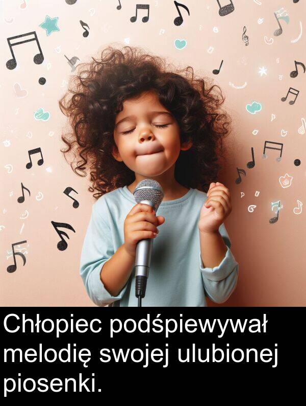 piosenki: Chłopiec podśpiewywał melodię swojej ulubionej piosenki.